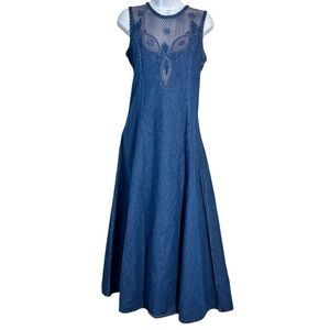 Vintage 90s Sleeveless Blue Denim Maxi Dress Size 10 Mesh Lace Embroidery